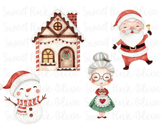 Christmas Santa, Gingerbread House, Mrs. Claus, Snowman